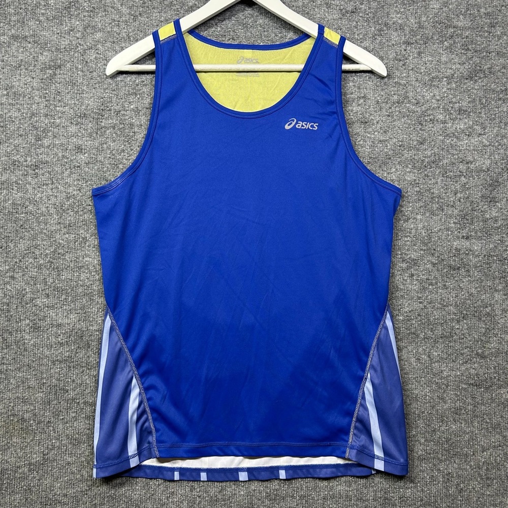 ASICS Running Singlet Mens Blue Yellow Racerback Mesh Athletic Tank Top - Medium